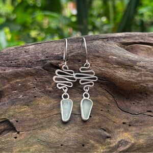 Aqua blue sea glass Handmade sterling silver spiral swirl drop earrings